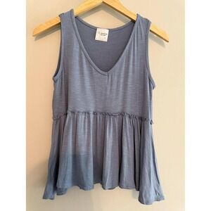Rhapsody Dreams Blue‎ Sleeveless V Neck Ruffle Hem Tank Top Casual Blouse
